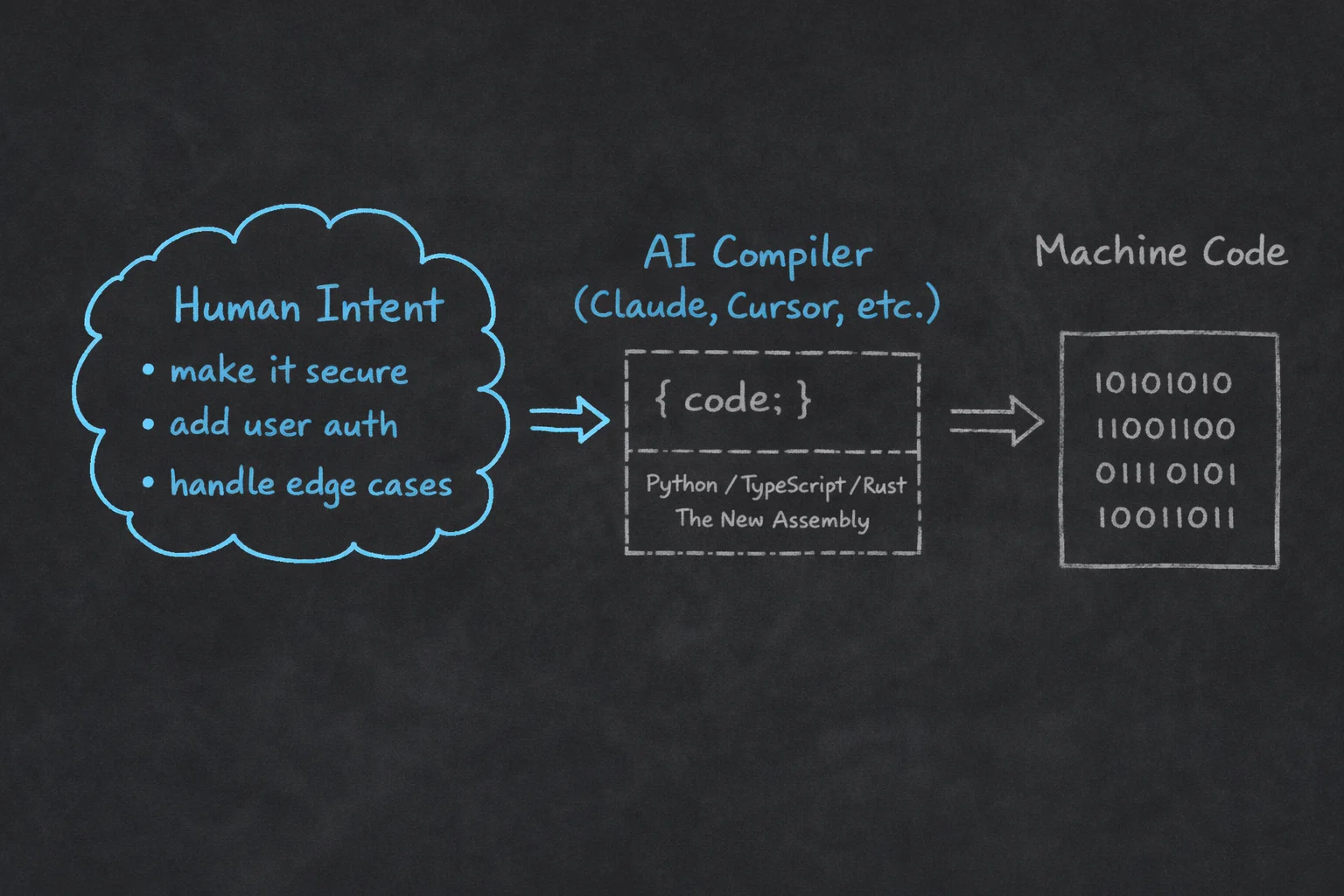 The new compilation stack: Human Intent → AI Compiler → Code (The New Assembly) → Machine Code